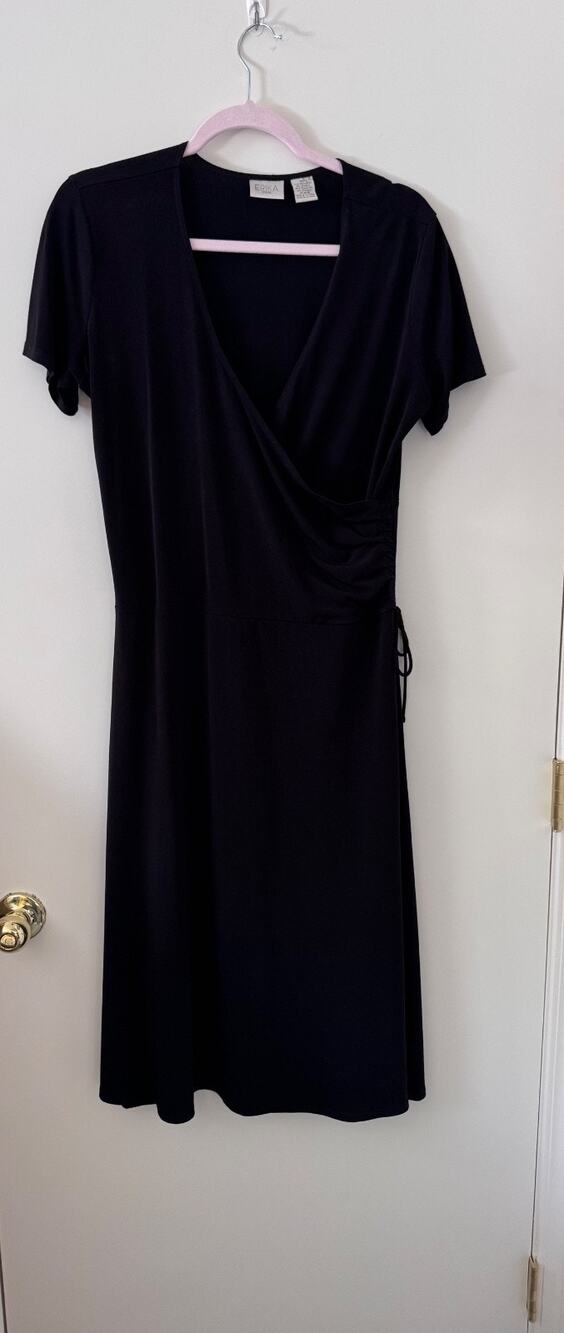 Erika Black Faux Wrap Midi Dress Size 10 Short Sleeve Stretch Career Dress